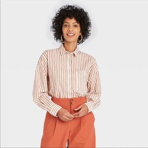NWT Striped Long Sleeve Button-Down Boyfriend Shirt - A New Day™ Brown XS